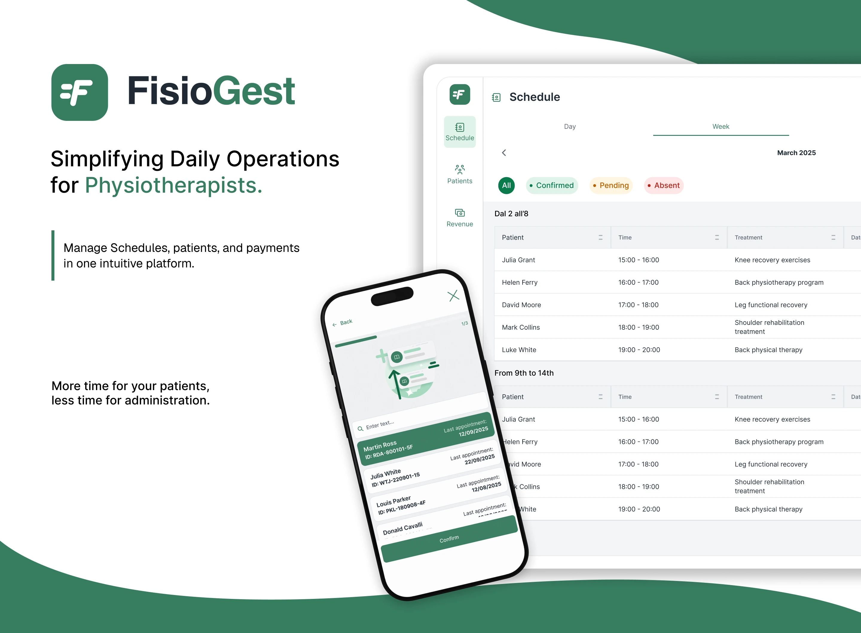 FisioGest hero screen: logo, tagline 'Simplifying Daily Operations for Physiotherapists', a weekly schedule view listing patients and treatments, and a phone mockup of the patient search screen.