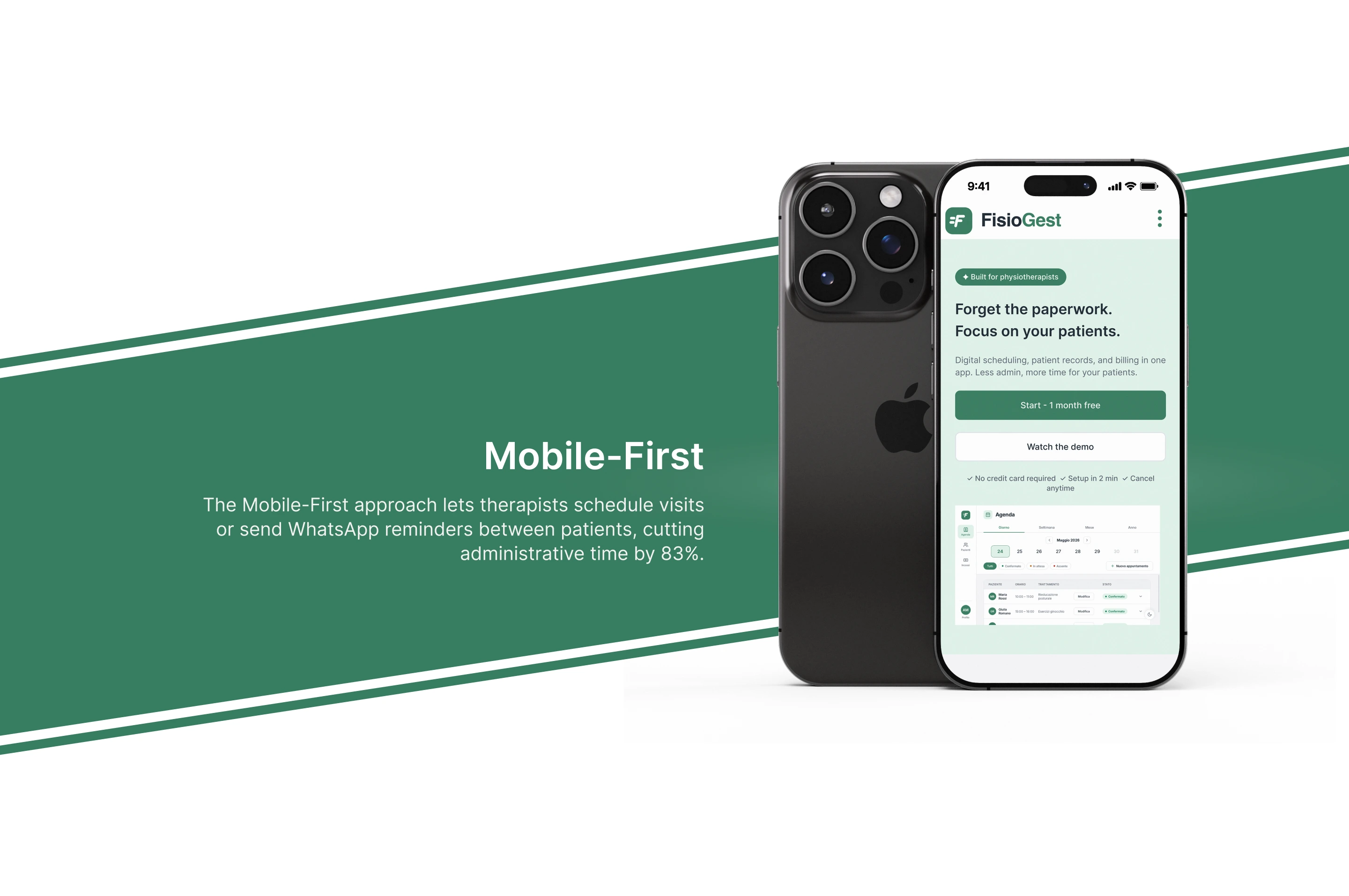 Mobile-first section with a phone mockup of the FisioGest onboarding screen: 'Forget the paperwork. Focus on your patients.'