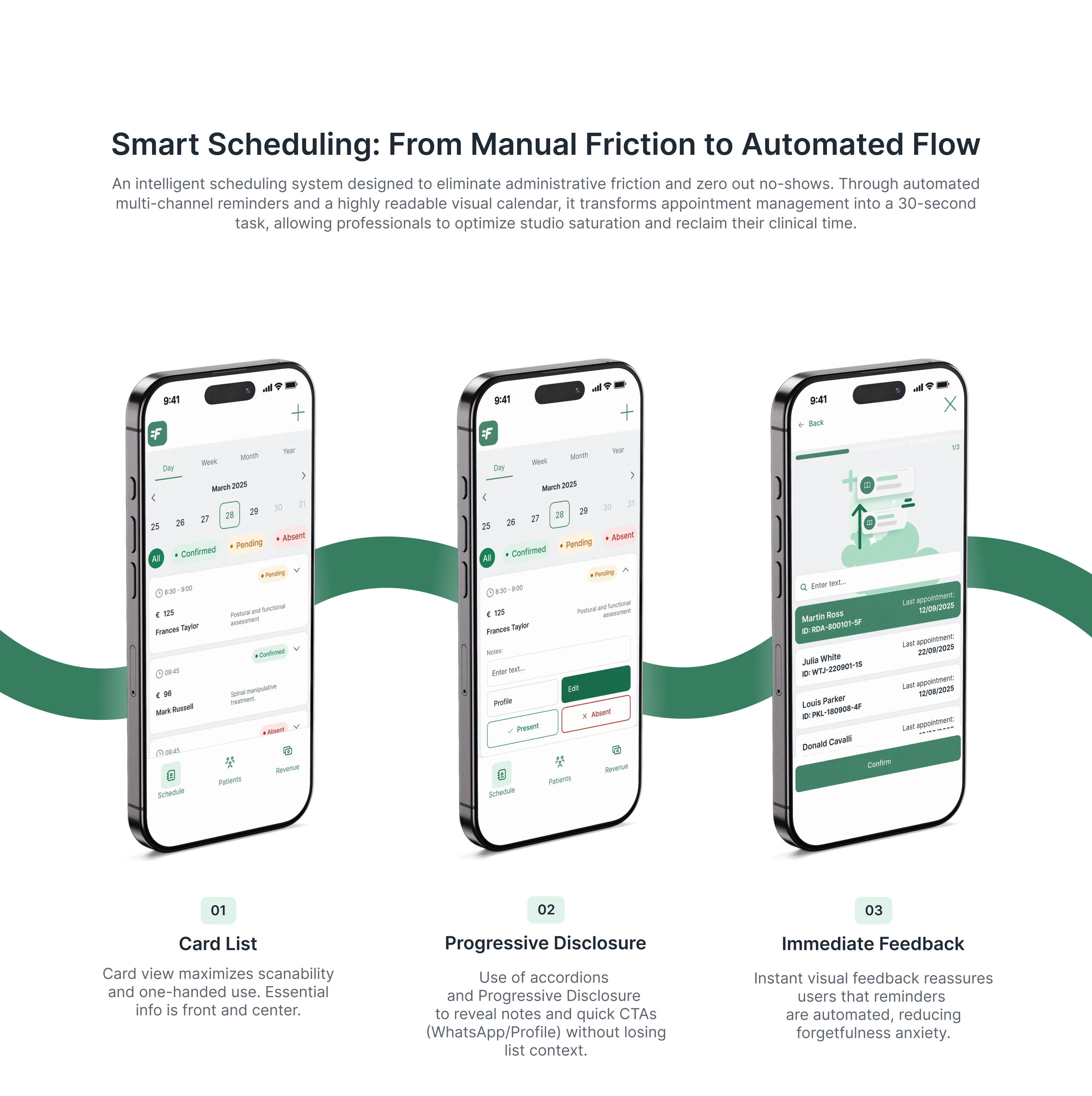 Smart scheduling flow across three phone mockups: a scannable appointment card list, progressive disclosure of notes and quick actions, and immediate visual feedback when a reminder is sent.