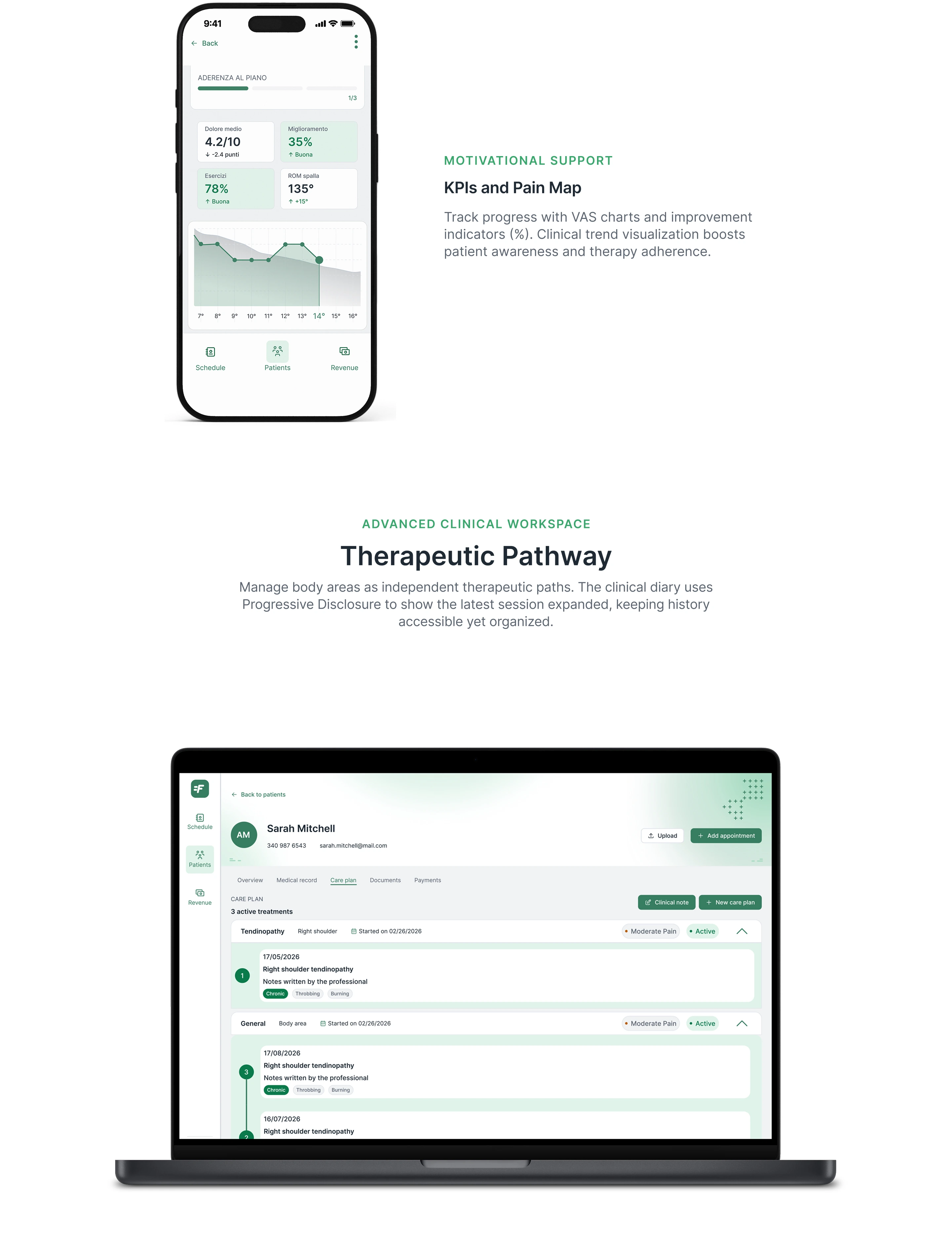 Phone mockup of pain-score and improvement KPIs with a trend chart, next to a desktop mockup of the therapeutic pathway timeline organized by body area.