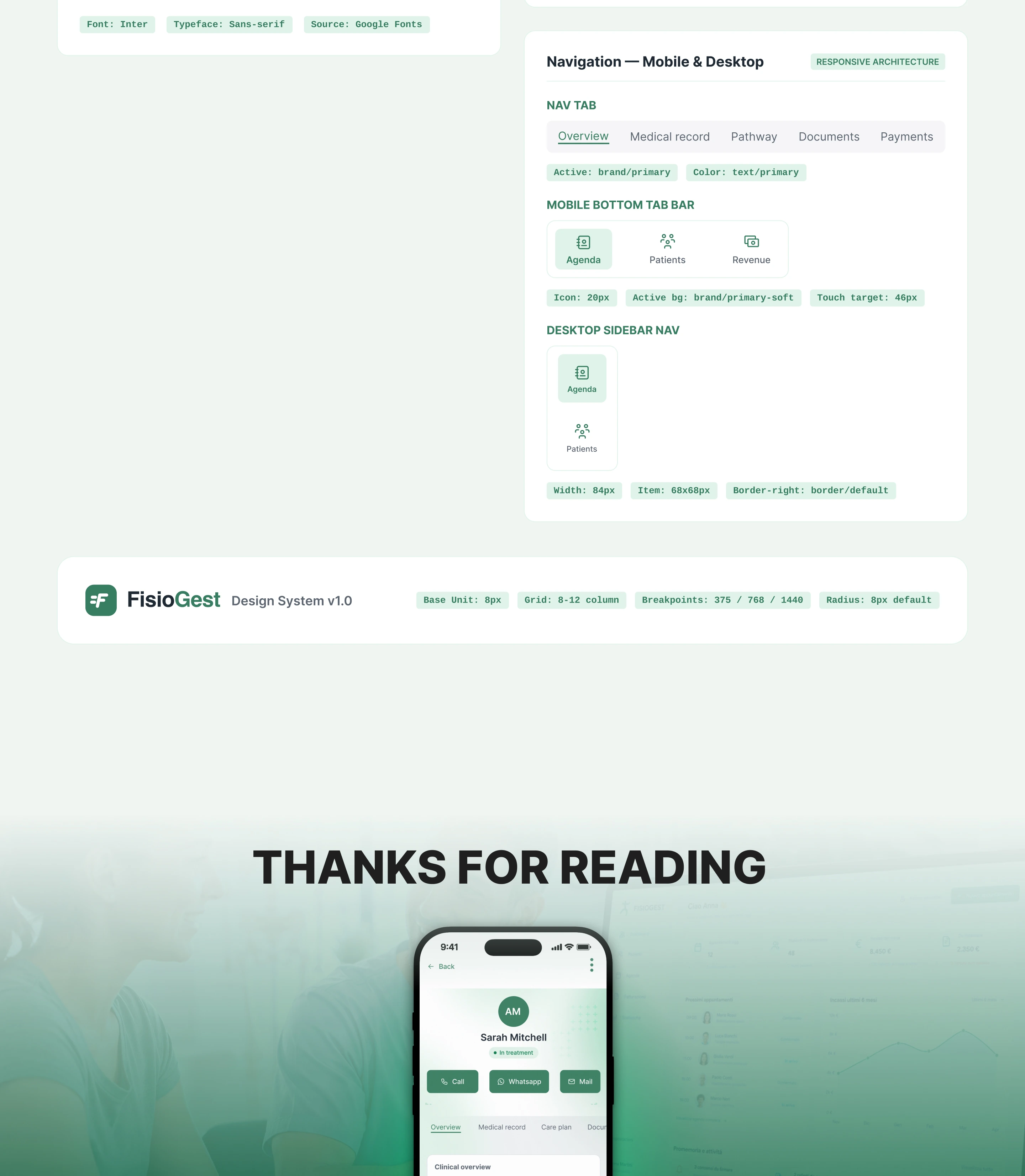 Design system documentation: typography specs, and navigation components (tab bar, mobile bottom bar, desktop sidebar) with their design tokens, closing with a 'Thanks for reading' slide.